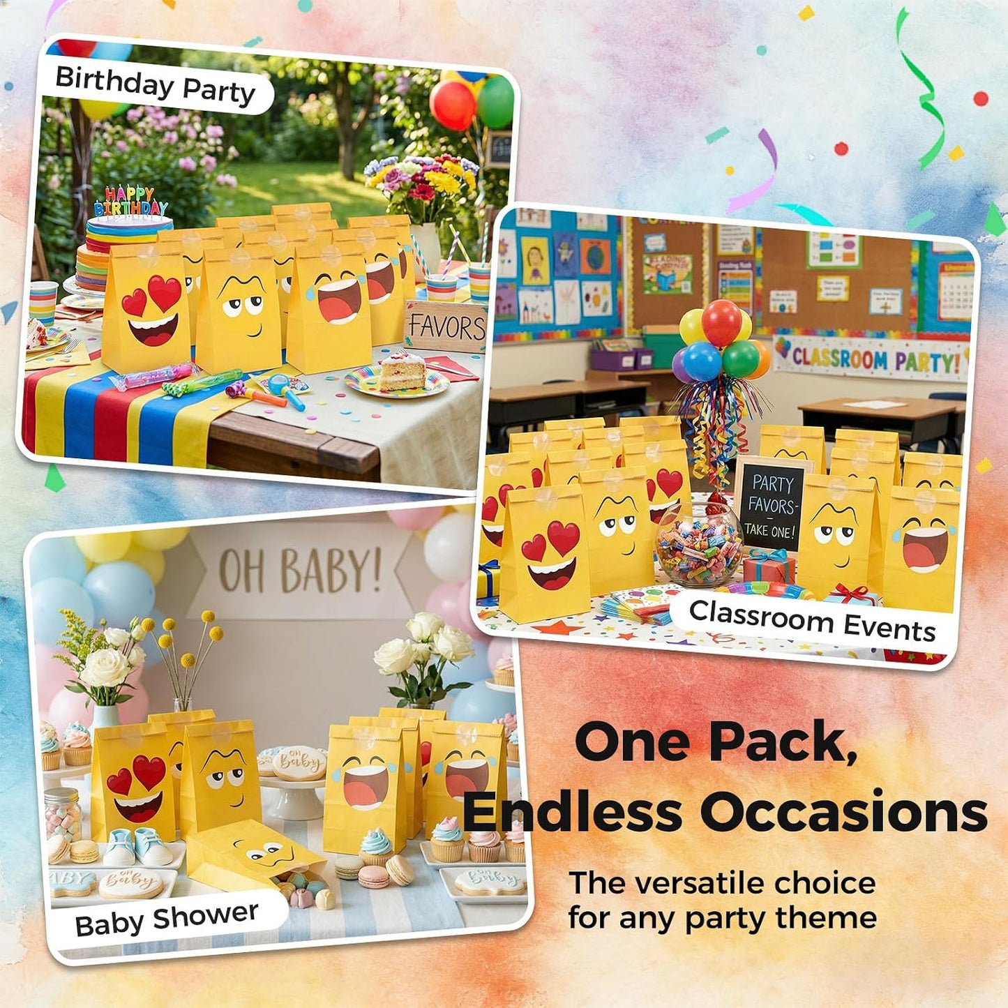 36 Pack Funny Face Party Favor Bags with Stickers, 8 Styles | 8.7 X 4.7 X 3.1 inch Kraft Paper Bags, Foldable Design, for Cakes, Candy, Cookies, Birthdays, and Holiday Gifts