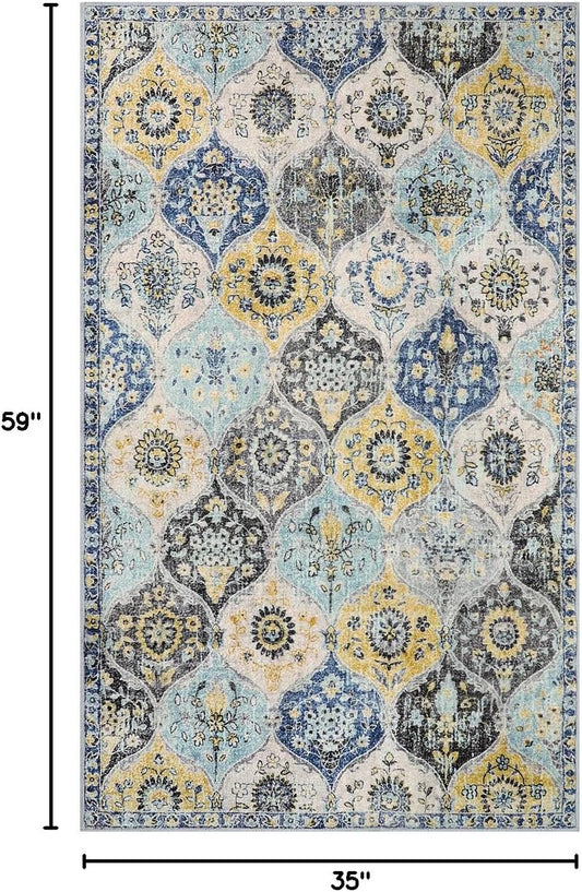 Moroccan Trellis Washable Small Area Rug, 3x5 Area Rug for Bedroom Living Room, Non-Slip Oriental Throw Carpet for Kitchen Office Entryway Bathroom Office Elise, Yellow/Aqua