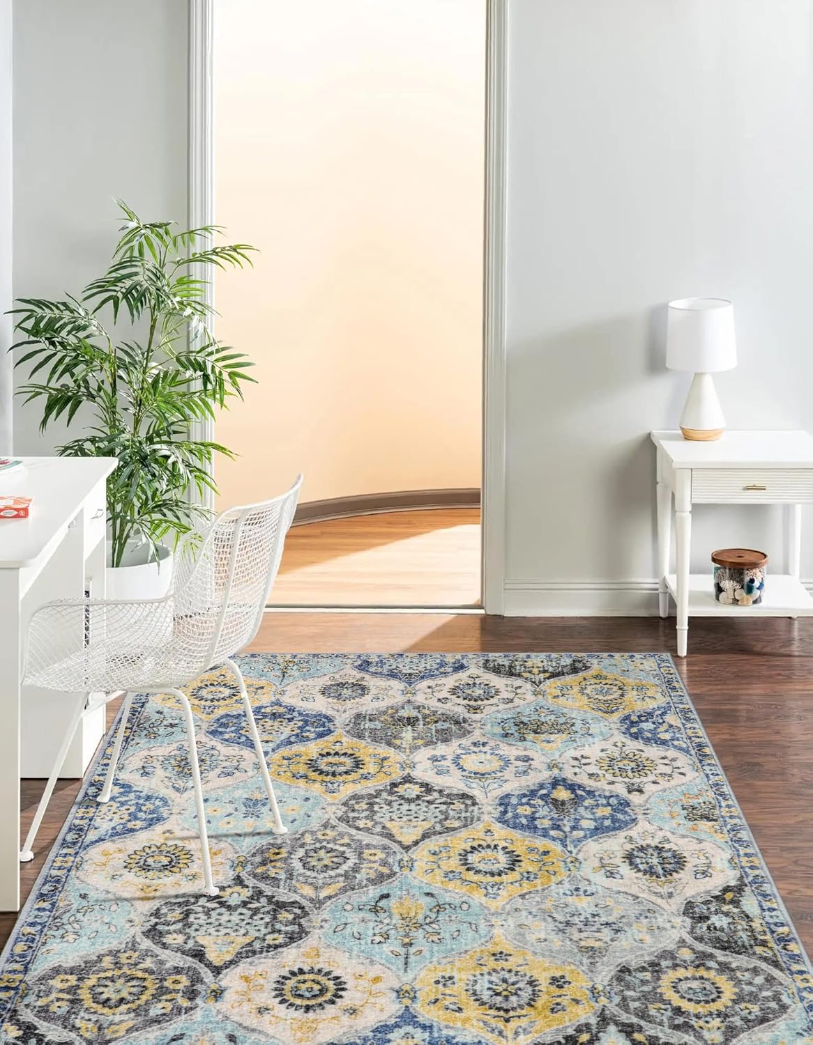 Moroccan Trellis Washable Small Area Rug, 3x5 Area Rug for Bedroom Living Room, Non-Slip Oriental Throw Carpet for Kitchen Office Entryway Bathroom Office Elise, Yellow/Aqua