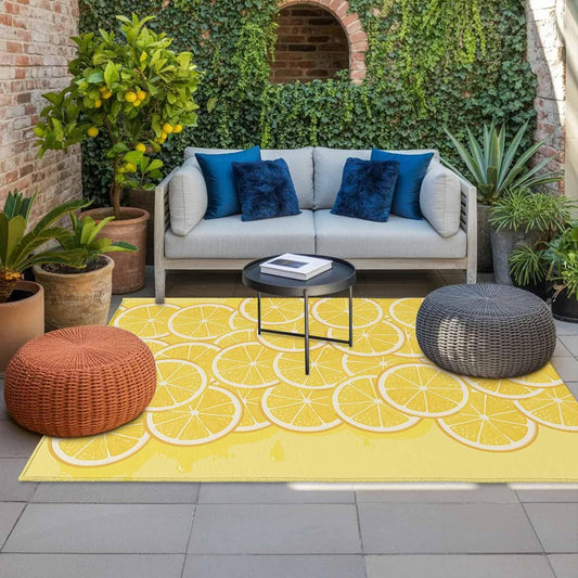 Outdoor Rug 3' x 5', Yellow Lemon Large Non Slip Area Rugs Washable Floor Mat, Summer Botanical Watercolor Modern Art Reversible Indoor/Outdoor Carpet Runner for Patio, Backyard, Deck