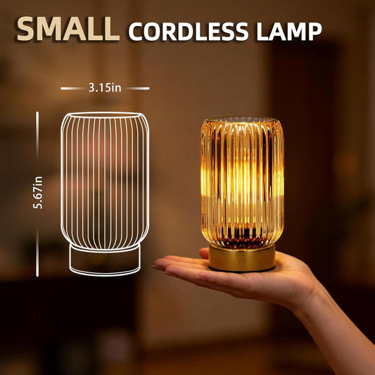 Cordless Lamp, Battery Operated Lamp with Timer, Yellow Glass Lampshade, Small Table Lamps for Area No Plug, Decorative Led Light for Bedroom Living Room Shelf (Yellow*2)