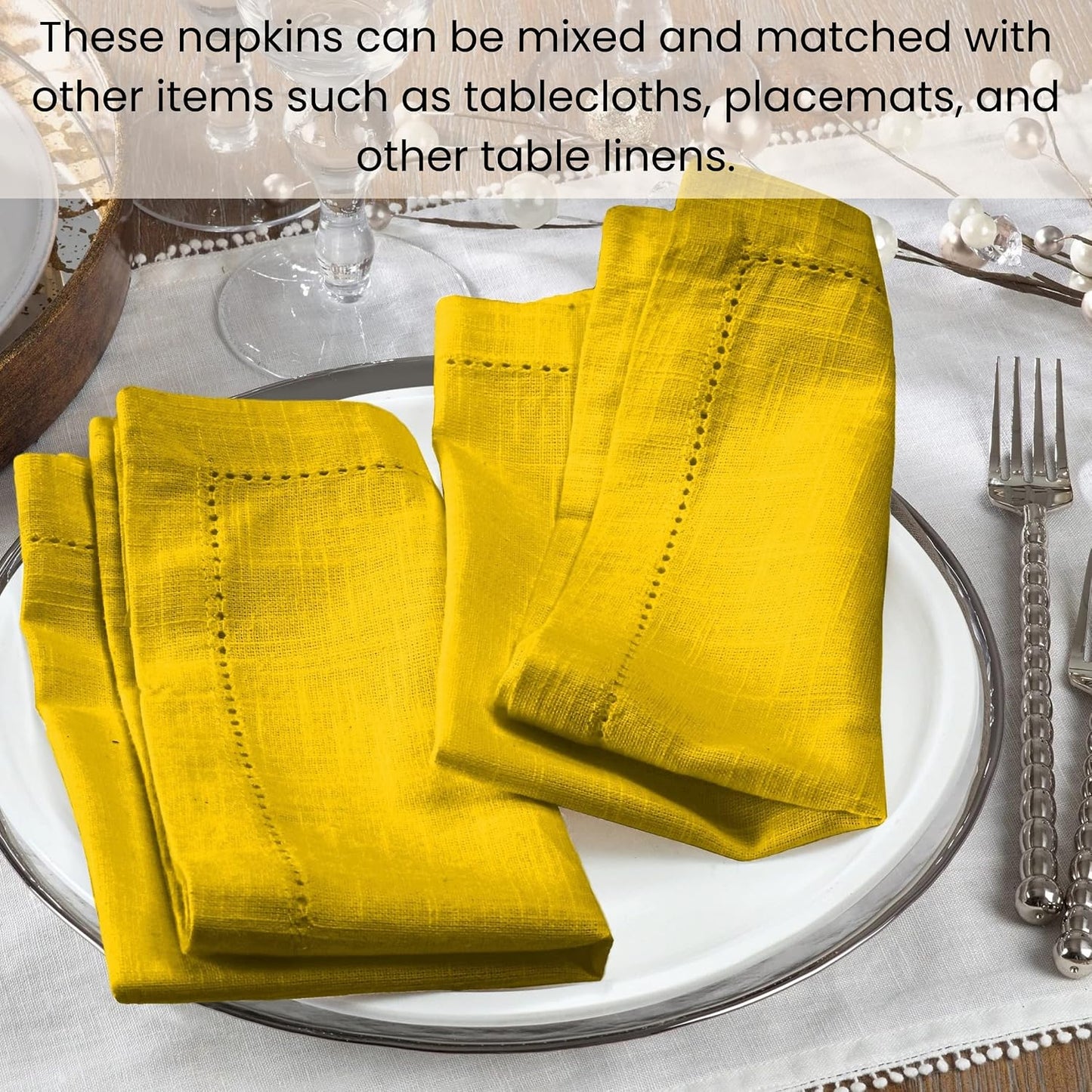 Cloth Dinner Napkins Textured - Perfect Everyday Use Table Napkins - Soft Durable Washable – Ideal for Party Wedding Christmas Easter – Set of 12-18x18 inches Mustard Yellow Napkins
