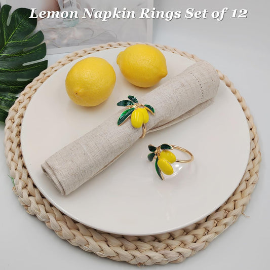 Lemon Napkin Rings Set of 12, Cheerful Gold Napkin Ring Tropical Fruit, Yellow Metal Lemon Napkin Holder for Spring Wedding, Coastal Beach Summer Holiday Garden Dinner Table Setting Decorations(12)