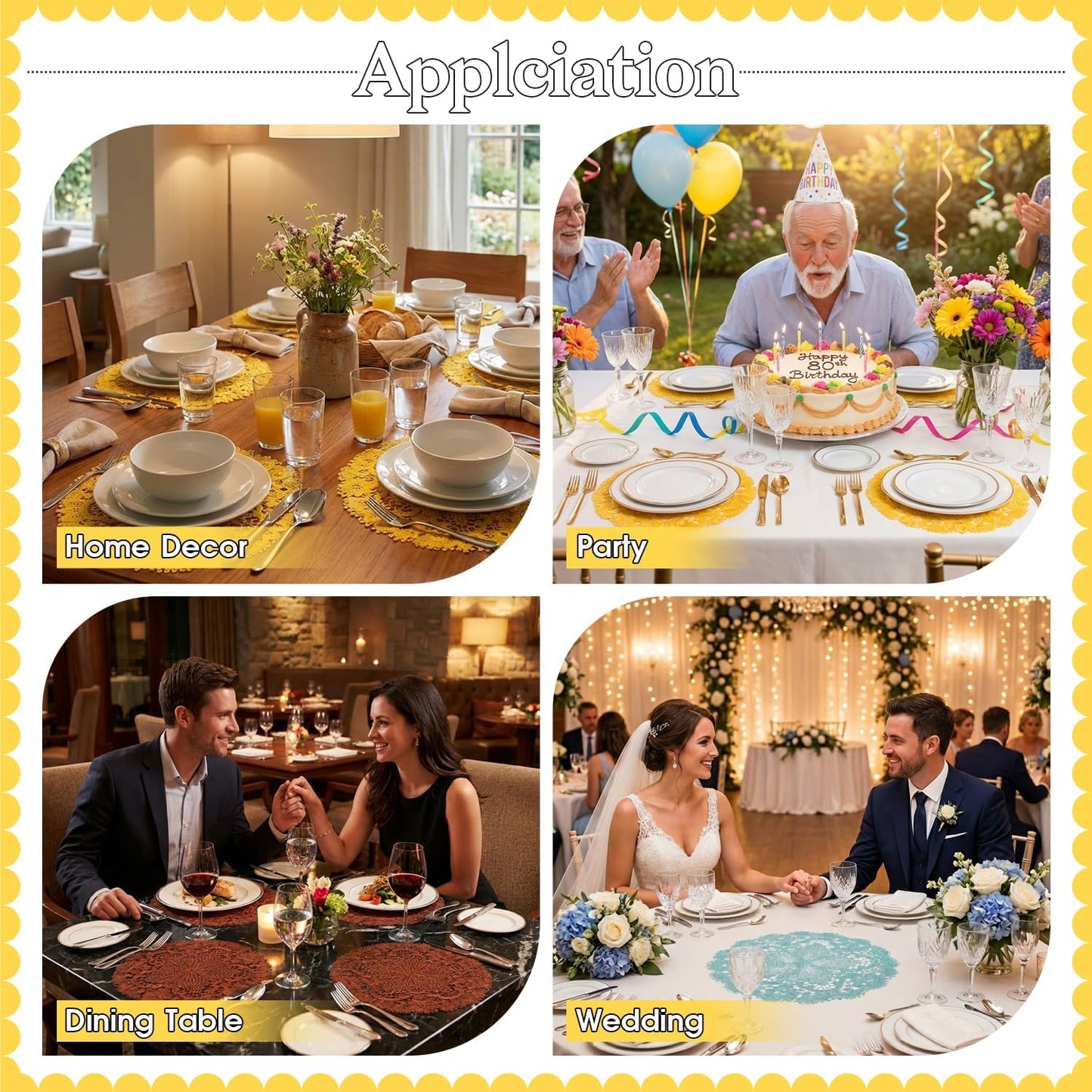 2 Pack Lace Placemats, 10.6 Inch Round Washable Embroidered Lace Doilies, Elegant Floral Table Mats for Dining Table, Home Decor, Wedding & Christmas Party(Yellow)