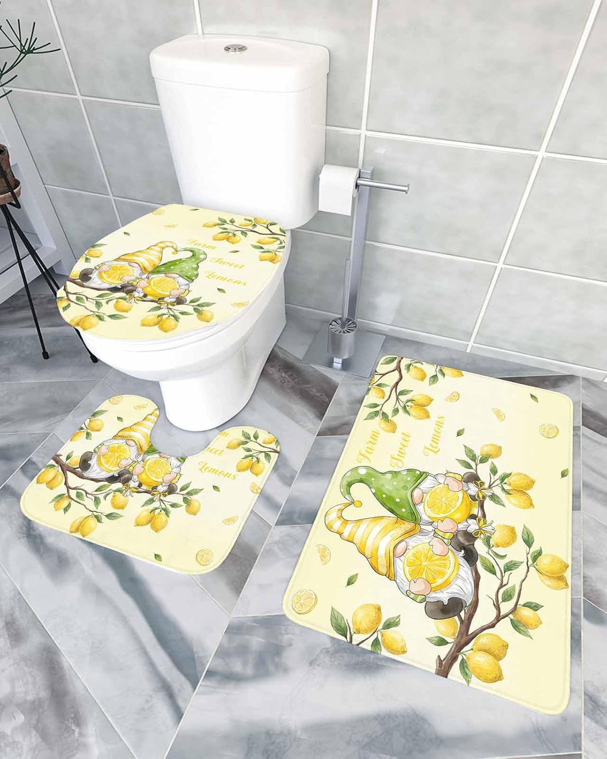 Lemon 3 Piece Bath Rugs Set Summer Lemon Gnome on The Tree Bathroom Mats Absorbent Contour Soft Mat Toilet Lid Cover Bathroom Decor Set, 18"x30"+14"x18"+15"x18"