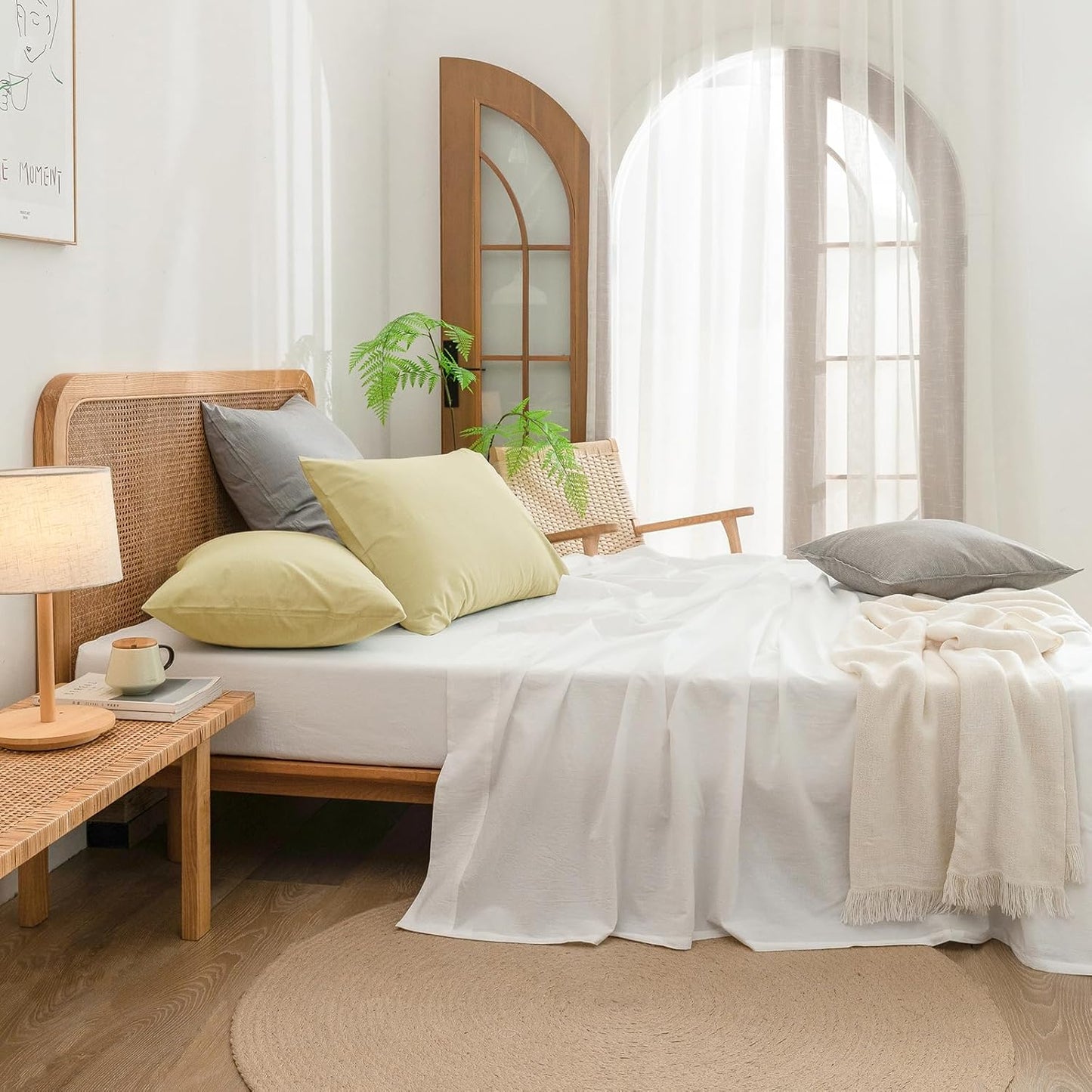 Washed Cotton Pillowcases Linen Feel Light Yellow Standard | 100% Washed Cotton, Linen Feel, Soft Wrinkle Texture, Envelope Closure, Breathable Lightweight Durable Comfy, 2 Pcs No Insert