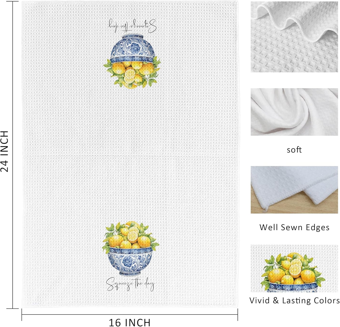 Chinoiserie Lemon Kitchen Towels Set of 2, Grandmillennial Lemon Tree Blue and White Dish Tea Towels for Kitchen Decor, Mediterranean Fruit Decorative Hand Towel for Bathroom, 16x24 Inch