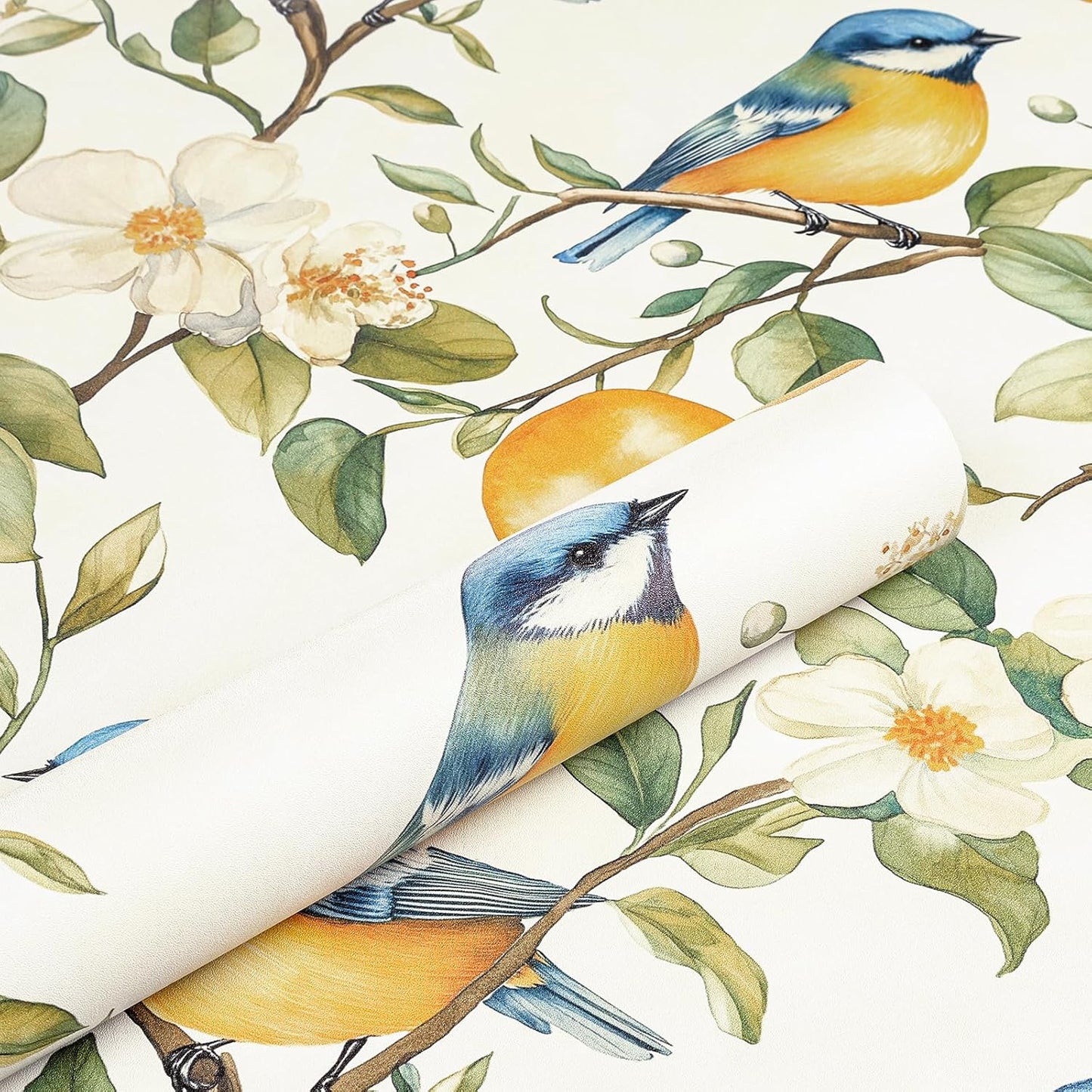Lemon Wallpaper Peel and Stick Watercolor Yellow Citrus Floral Bird Self Adhesive Contact Paper for Cabinets Shelves Drawer Liner Pantry Coffee Bar Accent Space Easy Install 17.5in x 10ft