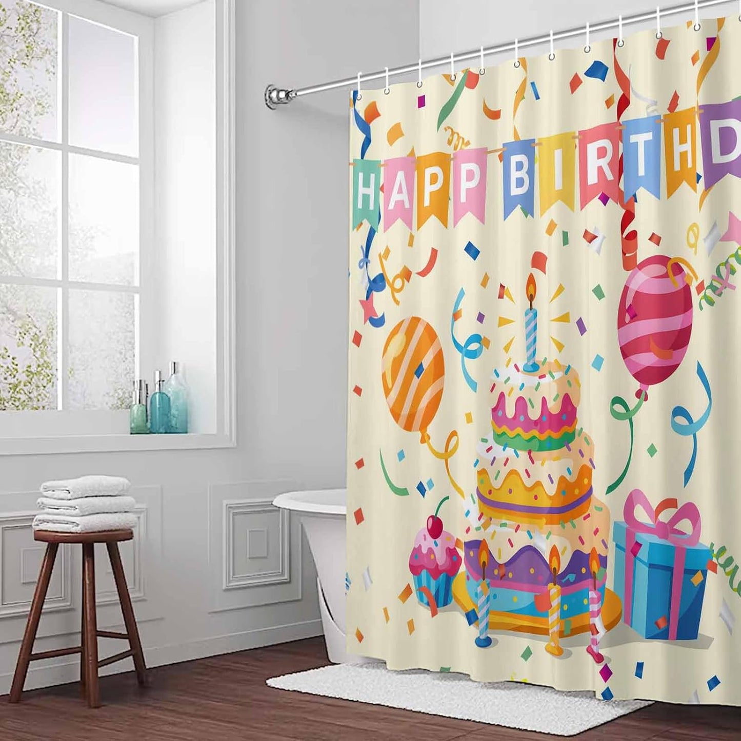 Shower Curtain Set with Hooks Happy Birthday Shower Curtain for Bathroom Decor Ribbon Cake Gift Balloon Modern Style Waterproof Polyester Fabri Shower Curtains Bath Curtain Set 54x78 Inch