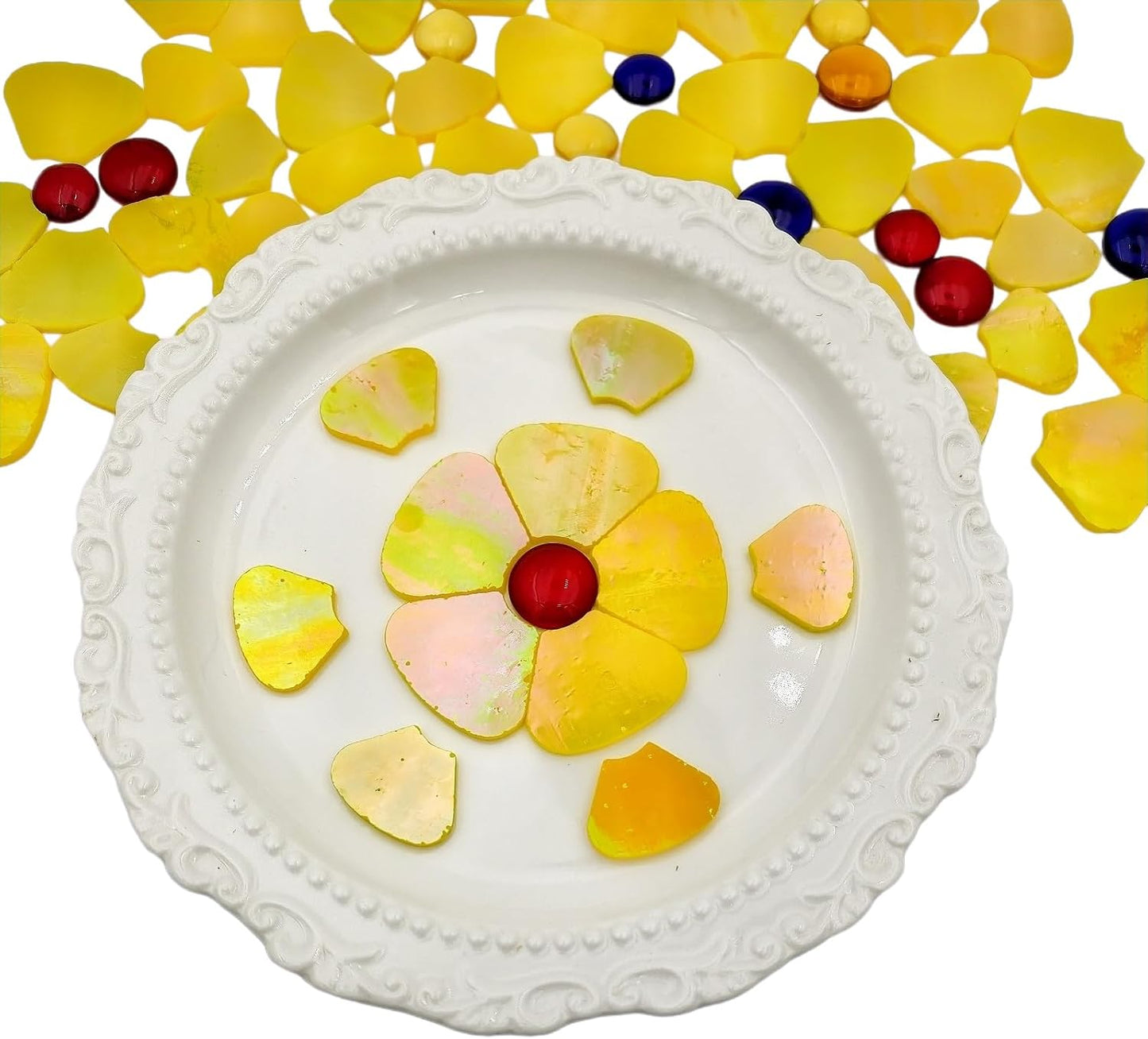 12 Flower Stained Glass Mosaic Tiles - 2 Size Floral Petals & Flat Bead Mosaic Glass Pieces for DIY Art Crafts (Iridescent Yellow)