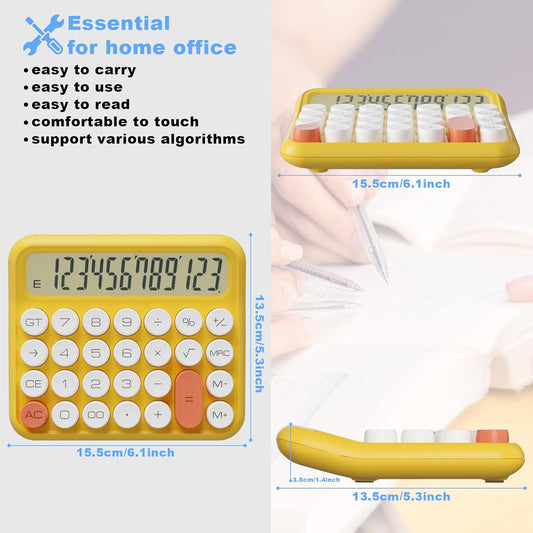 Mechanical Calculator 12 Digit, 5-Inch LCD Display, Battery Desk Calculator With Big Buttons, 15 Tilt Screen for Office and Kids (Yellow)