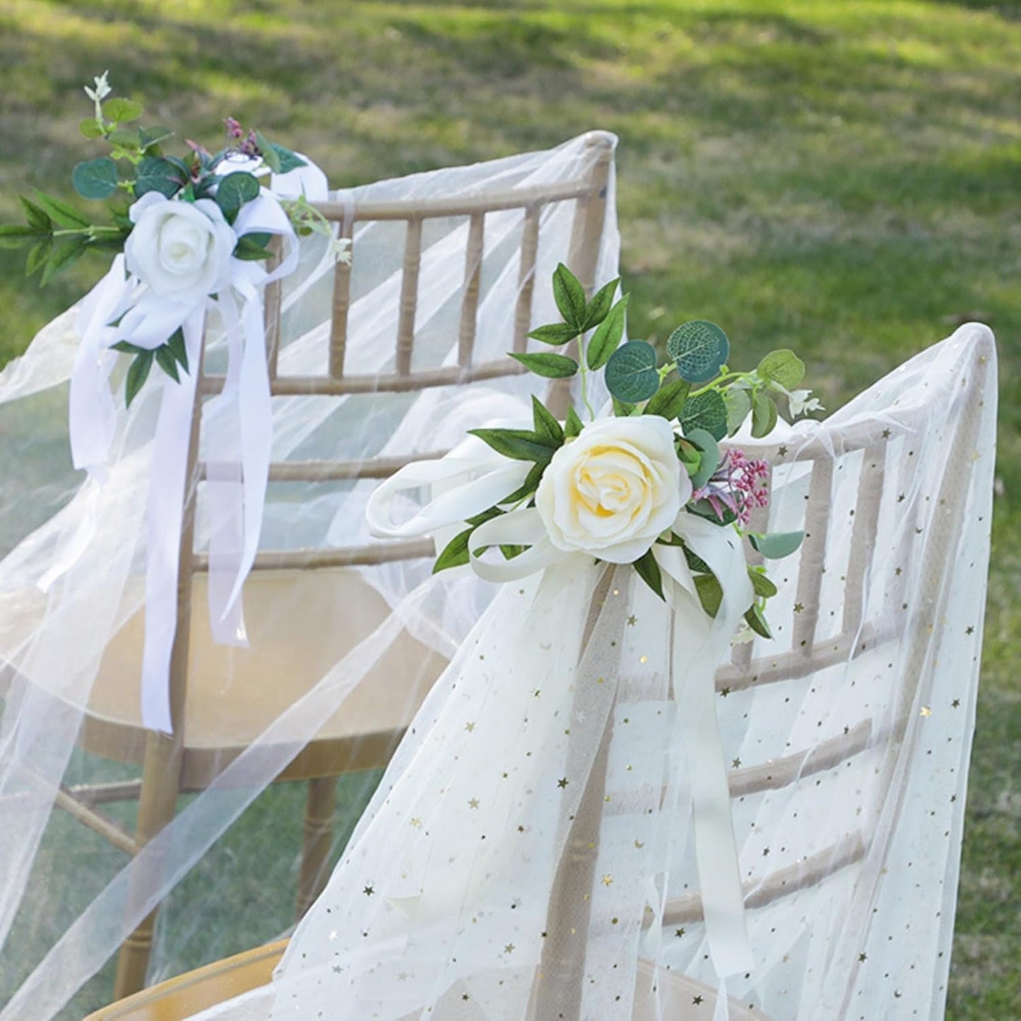 Set of 8 Wedding Chair Decorations, Wedding Aisle Decorations with Artificial Flowers Eucalyptus and Ribbons for Ceremony Party Chair Decor (Yellow)