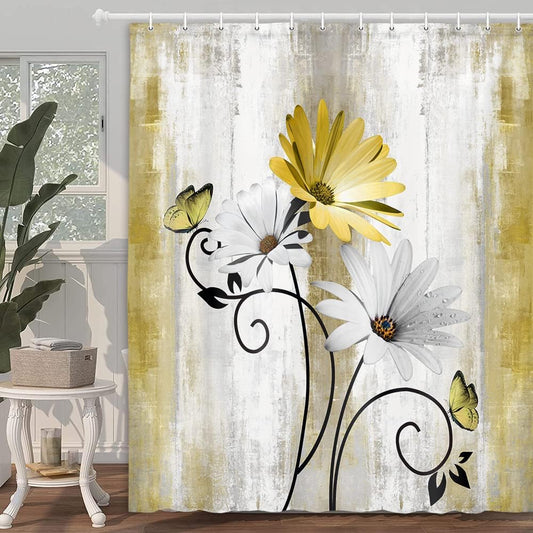 Rustic Farmhouse Shower Curtain, Farm Yellow Daisy Floral Flowers and Butterfly on Country Wooden Shower Curtain for Bathroom, Yellow Bathroom Shower Curtains with 12PCS Hooks, 70X70IN
