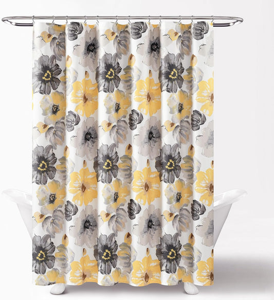 Leah Floral Shower Curtain, 72" W x 72" L, Yellow & Gray - Fabric Shower Curtains - Watercolor Botanical Bathroom Curtain - Farmhouse & French Country Decor