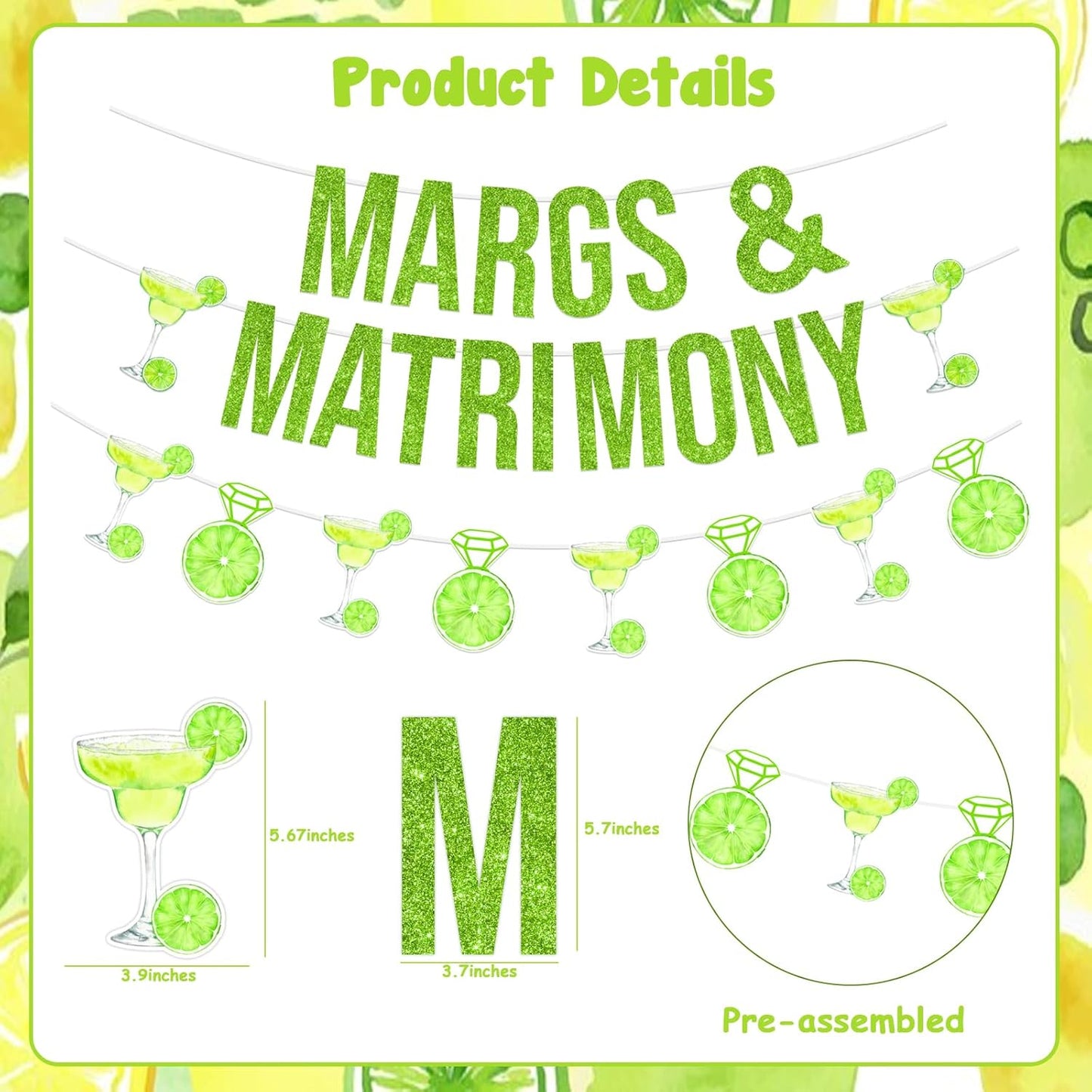 Margs and Matrimony Bachelorette Decorations Banner, Margarita Bachelorette Party Decorations, Lemon Cocktail Banner Garland for Mexican Fiesta Cactus Bridal Shower Wedding Engagement