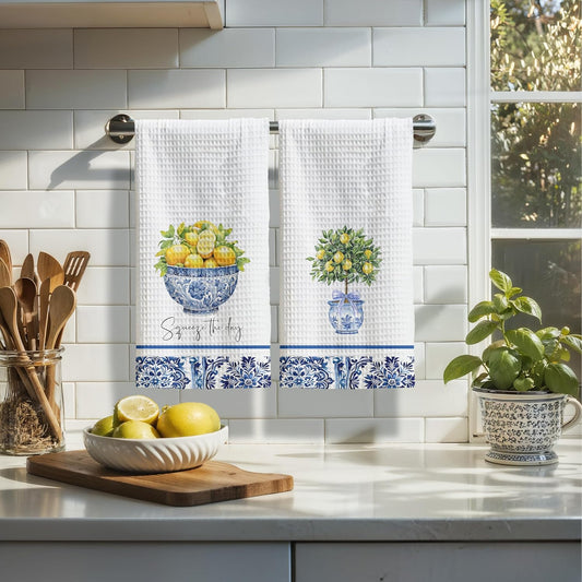 Chinoiserie Lemon Kitchen Towels Set of 2, Coquette Grandmillennial Lemon Blue and White Dish Tea Towels for Kitchen Decor, Mediterranean Fruit Decorative Hand Towel for Bathroom, 16x24 Inch