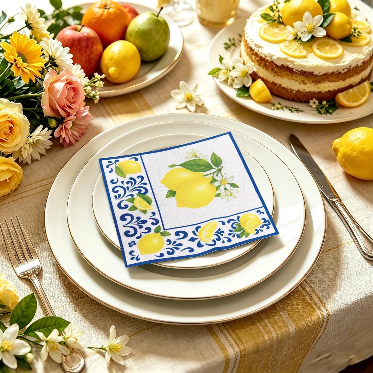 Yellow Lemon with Blue Tile 6.5'' Paper Napkins 50Ct, 3-Ply | Disposable Capri Summer Luncheon Napkins for Wedding, Bridal Shower, Engagement, Birthday, Italian Themed Party-Lemon1