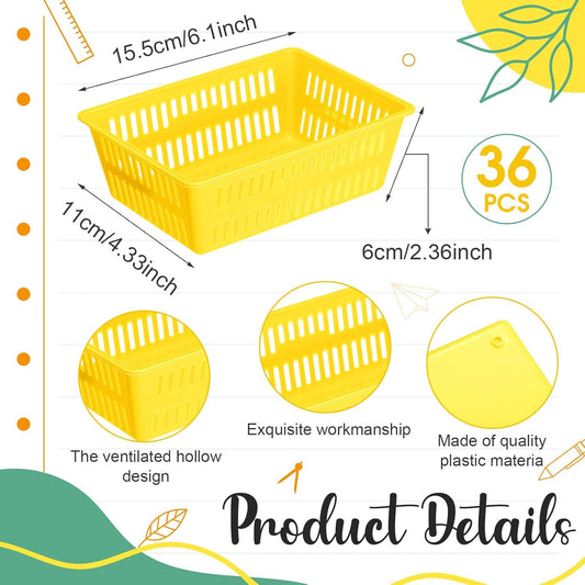 36 Pack Classroom Storage Basket Small Plastic Basket for Organizing Crayon Pencil Container Storage Bin Tray Holder for Paper Shelf Back to School Office Supply 6.1"l x 4.3"w x 2.4"h(Yellow)