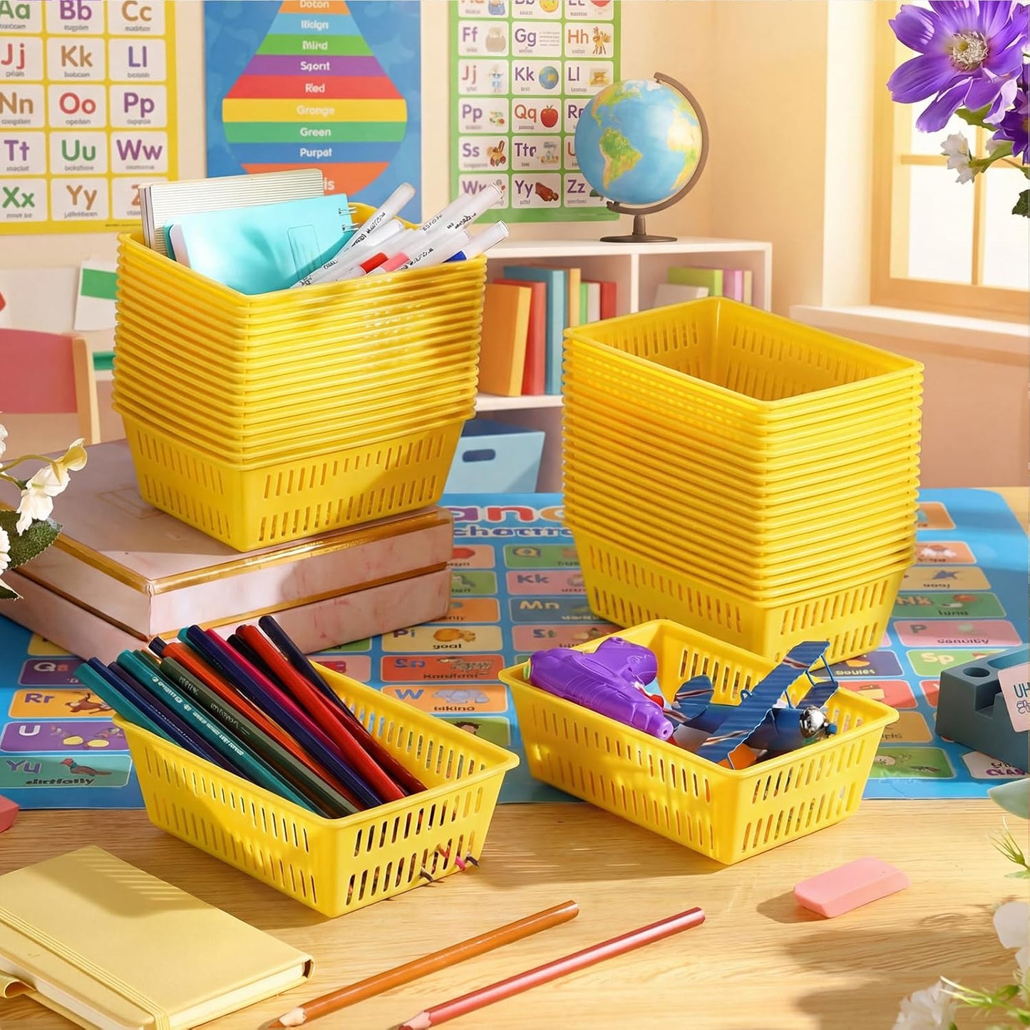 36 Pack Classroom Storage Basket Small Plastic Basket for Organizing Crayon Pencil Container Storage Bin Tray Holder for Paper Shelf Back to School Office Supply 6.1"l x 4.3"w x 2.4"h(Yellow)