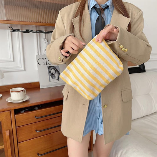 Flat Makeup Bag for Women,Zipper Cosmetic Pouch for Purse,Stripe Yellow | Cute Cosmetic Organizer for Makeup,Skincare,Toiletries,Daily Beauty Essentials,Purse,On-the-Go,Bridesmaid Proposal Gifts