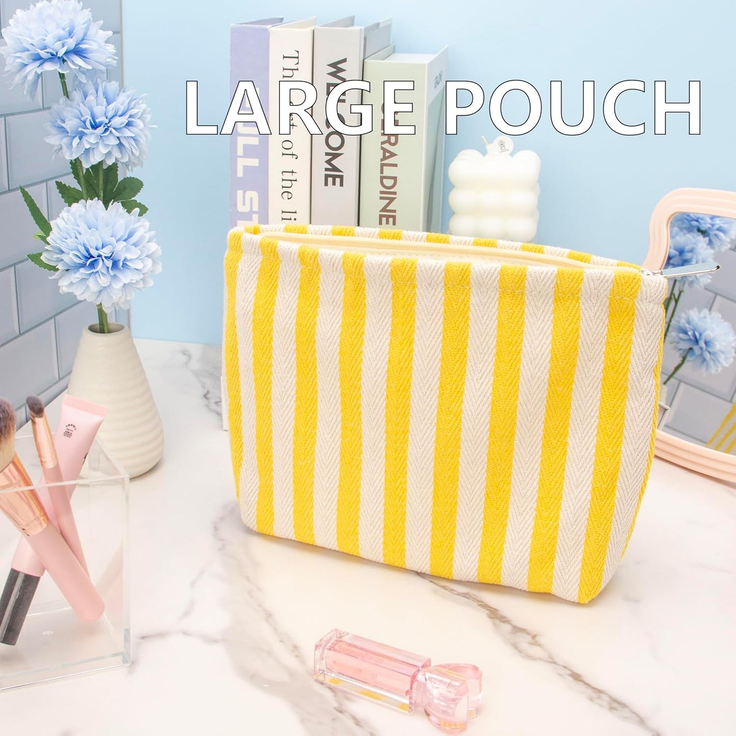 Flat Makeup Bag for Women,Zipper Cosmetic Pouch for Purse,Stripe Yellow | Cute Cosmetic Organizer for Makeup,Skincare,Toiletries,Daily Beauty Essentials,Purse,On-the-Go,Bridesmaid Proposal Gifts