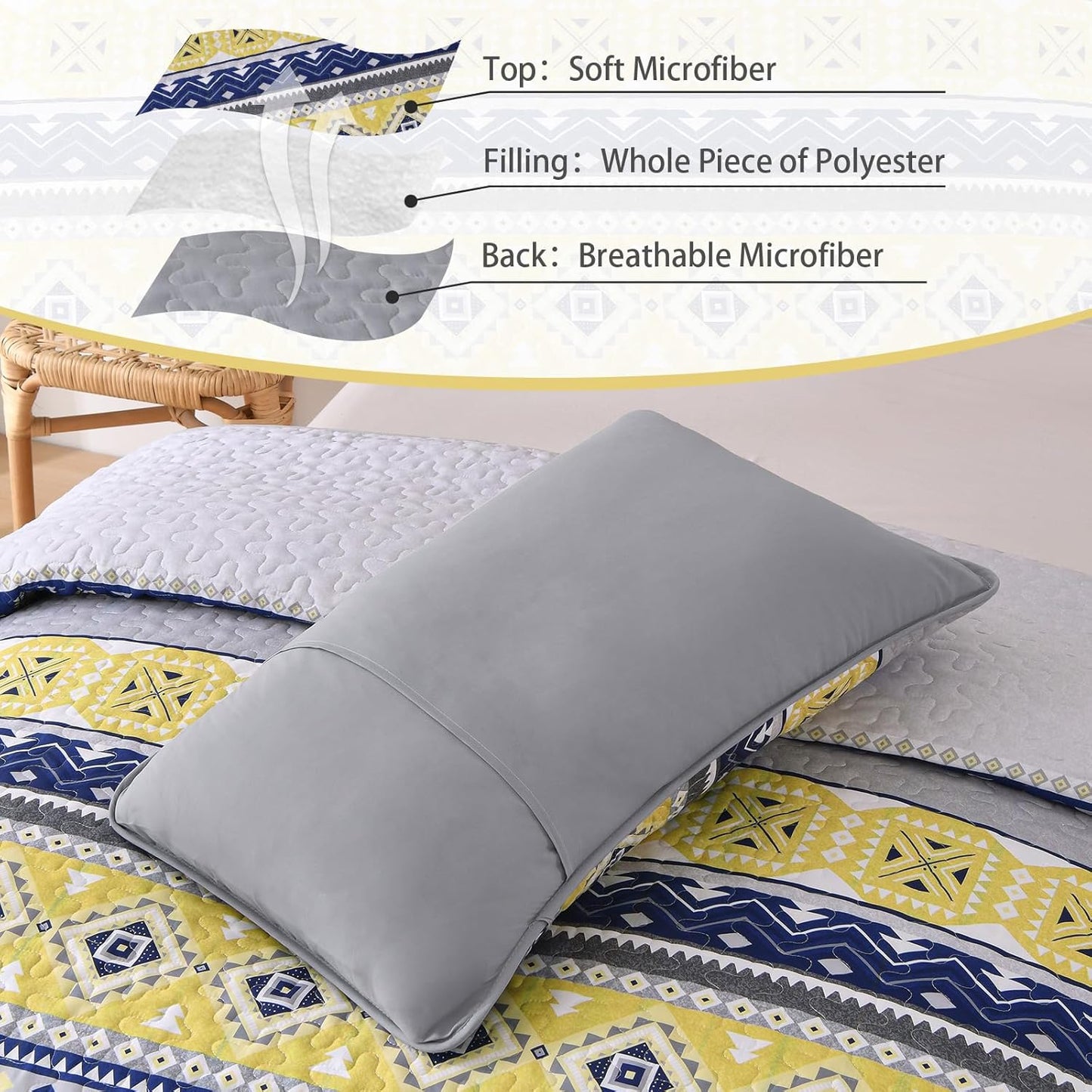 3 Pieces Quilt Set King Size, Grey Yellow Quilt Bedspread Lightweight Bohemian Coverlet Set with 2 Pillowcase, Soft Geometry Printed Bedding Set King for All Season 104"×90"