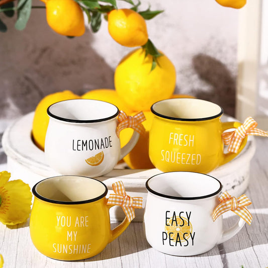 4 Pcs Lemon Cups Mini Coffee Mug 5 oz Espresso Cups Set with Handle Lemon Tiered Tray Decor for Coffee Bar Decoration Holiday Party Gift