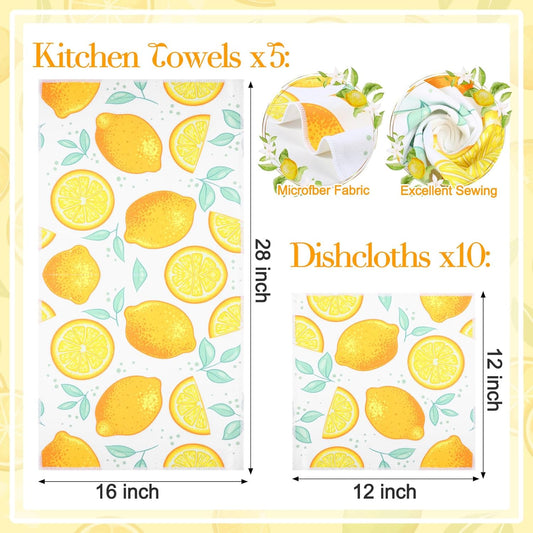 15 Pack Lemon Kitchen Towels Lemons Dish Towels 28 x 16 Inch & 12 x 12 Inch Absorbent Yellow Accessories for Kitchen Bathroom Summer Decor Gifts, 5 Style