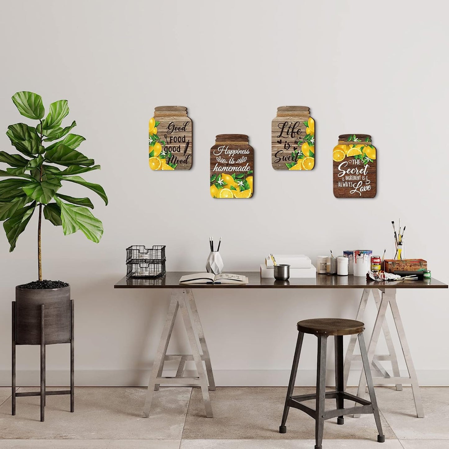 4 Pcs Lemon Kitchen Wall Decor Mason Jar Set Wooden Rustic Home Decor Inspirational Kitchen Hanging Farmhouse Wall Signs for Home decoration
