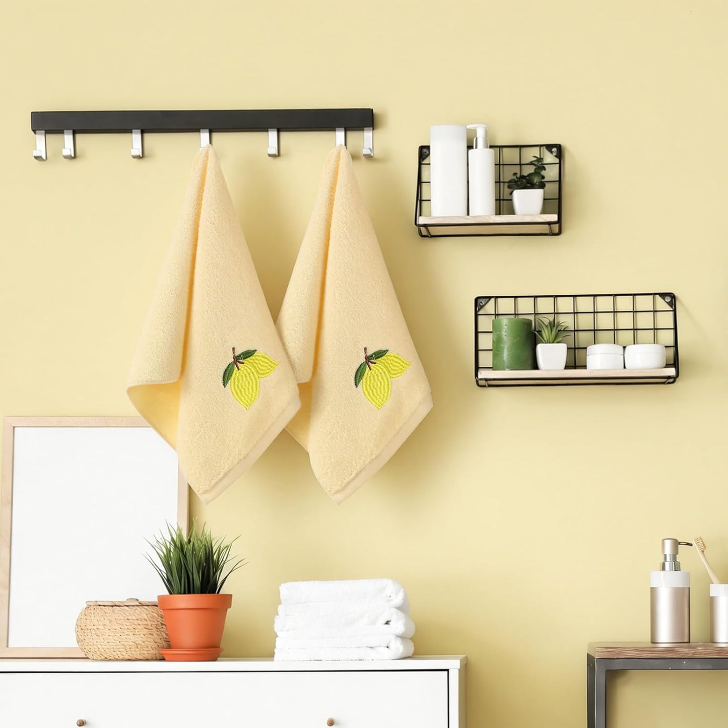 2 Pcs Lemon Hand Towels Lemon Yellow Bathroom Decor 14x29 Inch Embroidered 100% Cotton Soft Absorbent Spring Summer Decorative Hand Towels for Bathroom Kitchen