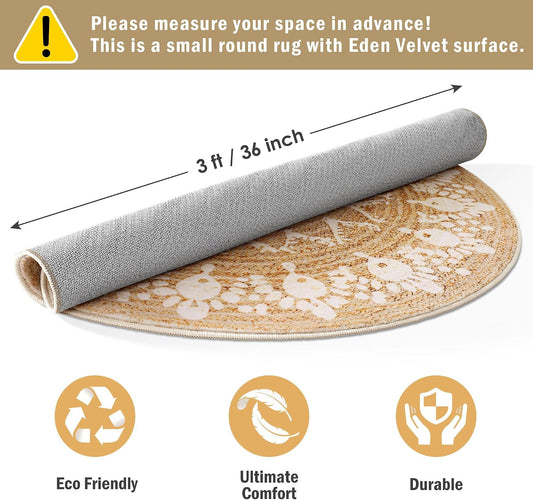 Faux Jute Round Rug 3ft β Jute-Like Pattern Design Washable Low Pile Area Rug with Non-Slip Rubber Backing, Soft Natural Look Decorative Circle Carpet for Living Room, Light Yellow