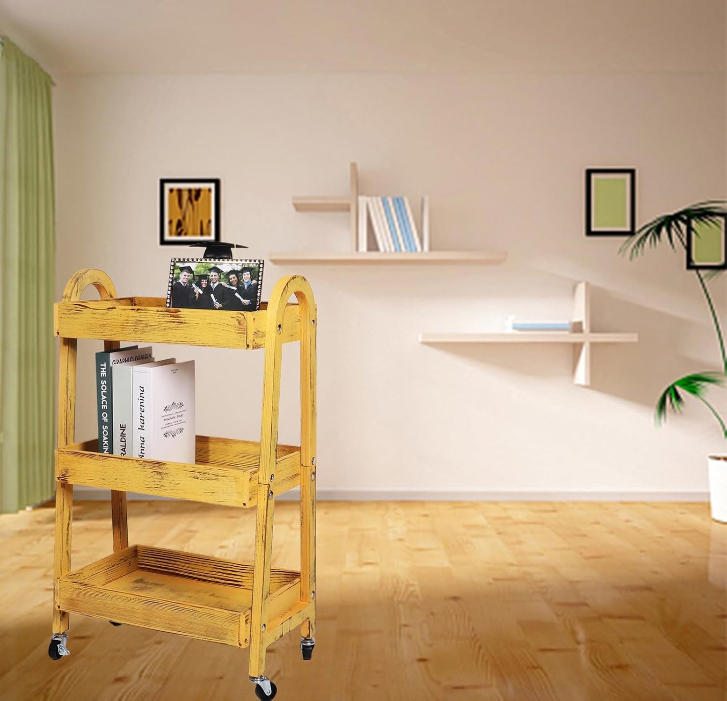 3-Tier Wooden Rolling Cart- Wooden Utility Cart wit Wheels- Utility Rolling Cart-Storage Trolley Organizer- Rolling Kitchen Serving Cart for Office,Kitchen, Kids' Room (Retro Yellow)