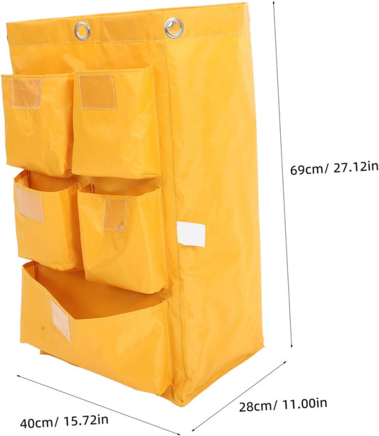 Waterproof Cleaning Cart Bag with 5 Pockets, Heavy-Duty Canvas Janitorial Trolley Bag for Housekeeping, Cleaning Supply Storage and Trash Collection, Yellow