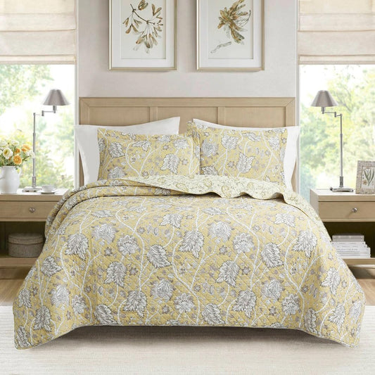 Floral Quilt Set β 3-Piece 100% Cotton Reversible Bedspread with Shams, Lightweight All Season Bedding for Bedroom, King, Yellow Botanical