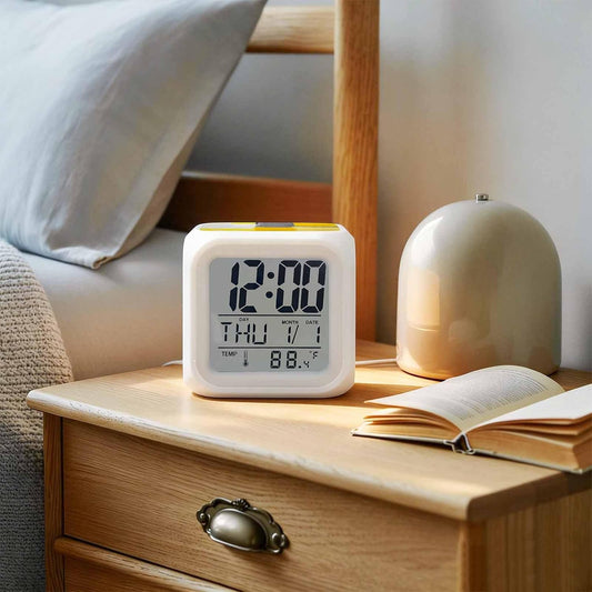 Abstract Street Art Alarm Clock, Yellow Gary Color Stitching Digital Clock Night Light with 7 Color, Calendar Temperature Display, LED Small Desk Clock for Bedrooms Living Room Bedside