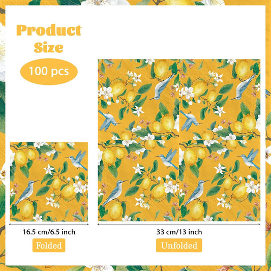 100Pcs Lemon Paper Napkins 6.5 x 6.5 inch 3Ply Vintage Bird on Lemon Tree Dinner Napkins Disposable Absorbent Citrus Fruit Luncheon Napkin for Summer Tea Party Supplies