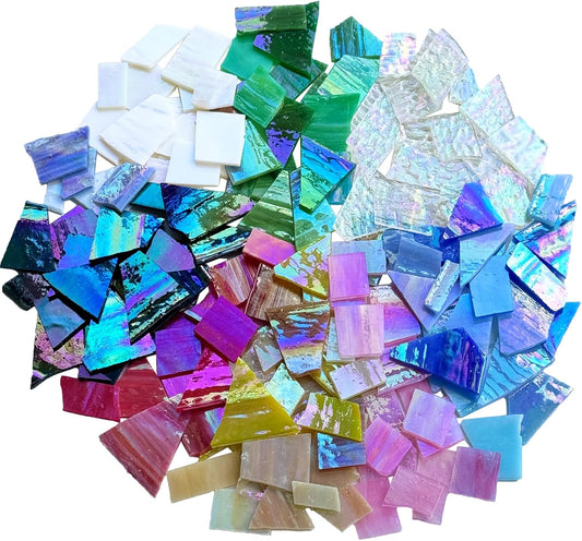 2.2lb Iridescent Stained Glass Sheets, Irregular Mosaic Glass Pieces, Broken Stained Glass Scraps for Mosaic Making and Home Decor, Assorted Iridizing Colors and Shapes