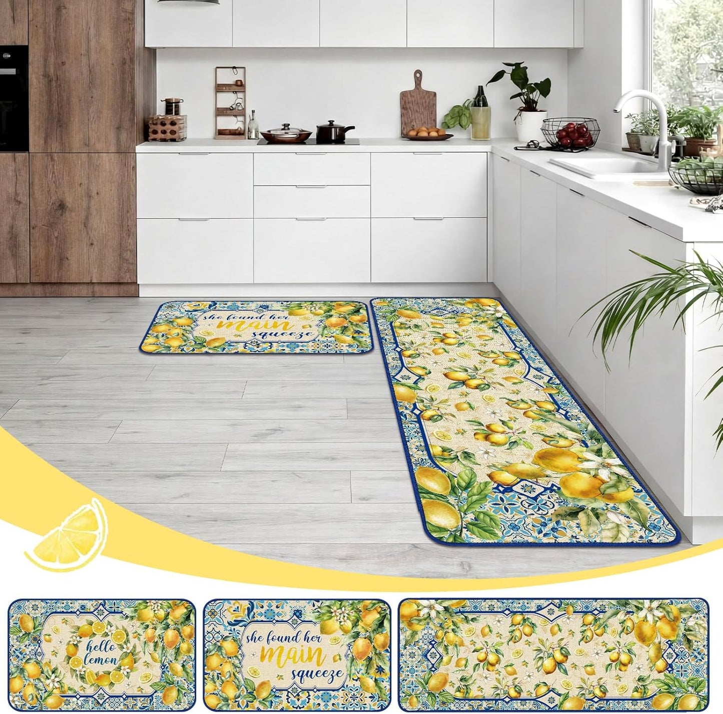 3 Pcs Mediterranean Lemon Kitchen Rugs Summer Lemon Floor Mat Decor Non Slip Washable Retro Yellow Kitchen Carpet Accessories for Home Office Sink 17 x 29 Inch 17 x 47 Inch