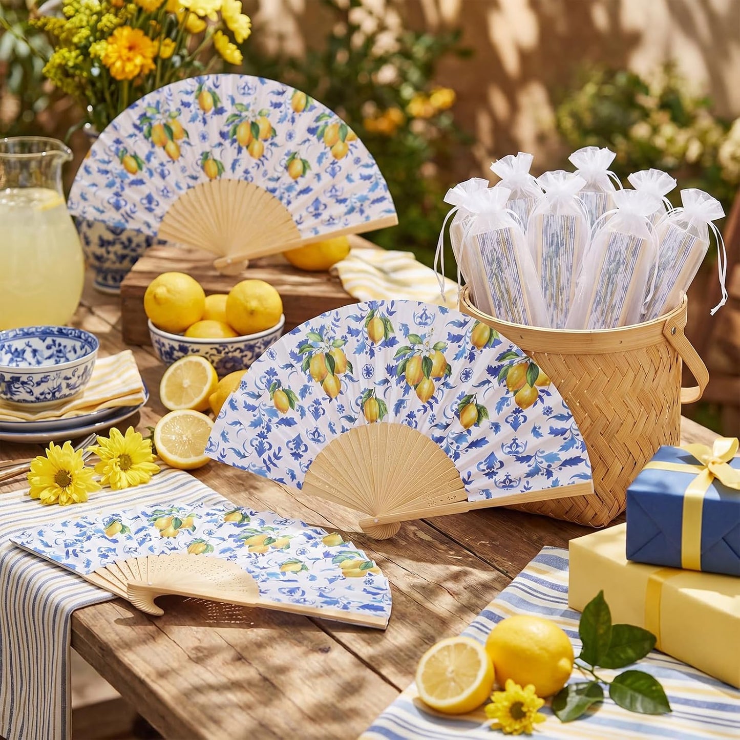 50 Pcs Capri Lemon Paper Fans Bulk with Organza Bag Blue Tile Lemon Party Favor for Guest Amalfi Coast Mediterranean Folding Fan Handheld for Italian Summer Bridal Shower Wedding Party Decor