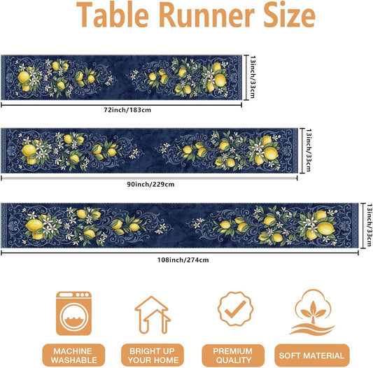 Navy Blue Lemon Floral Table Runner, Vintage Botanical Pattern for Spring Home Dining Decor and Holiday Gatherings 13x90 Inch