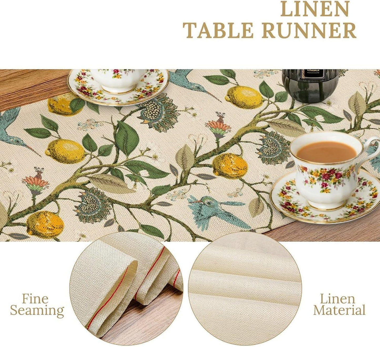 Retro Lemon Table Runner, Summer Blue Birds Lemon Tree Nature Botanical Plants Flowers Hummingbird Spring Table Runner for Kitchen Dining Table Wedding Party Decor, 13x70inch