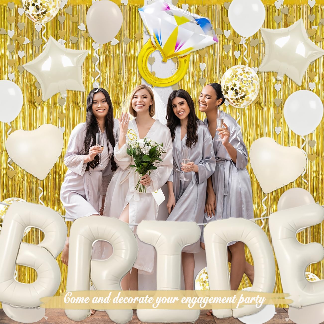 Bridal Shower Decorations Champagne Gold Bachelorette Party Decorations | Bride to Be Balloons Sash Veil and Foil Curtains for Engagement Wedding Party Supplies