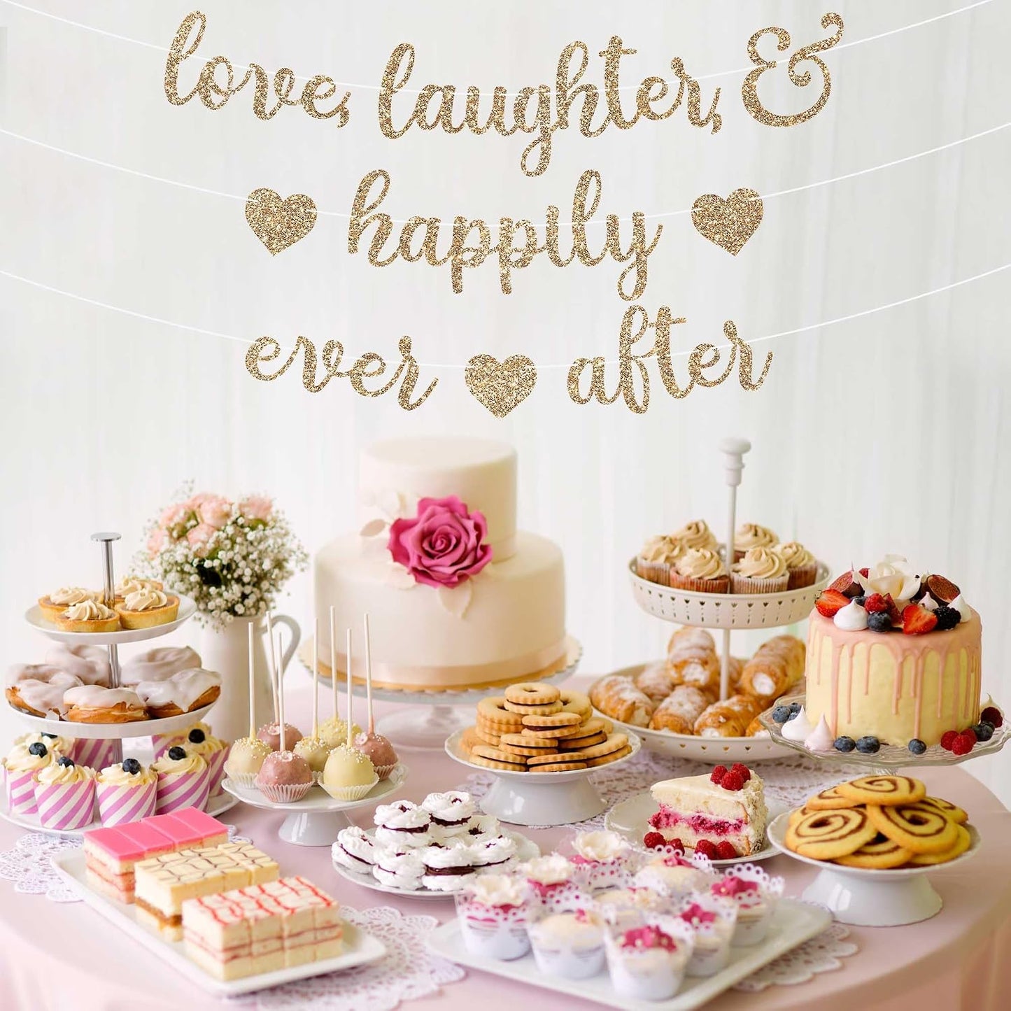 Pre-Strung Love Laughter & Happily Ever After Banner - Gold Bridal Banner | No DIY - Pre-Strung on 8 ft Strands - Gold Glitter Wedding, Bachelorette, or Bridal Party Decorations & Decor