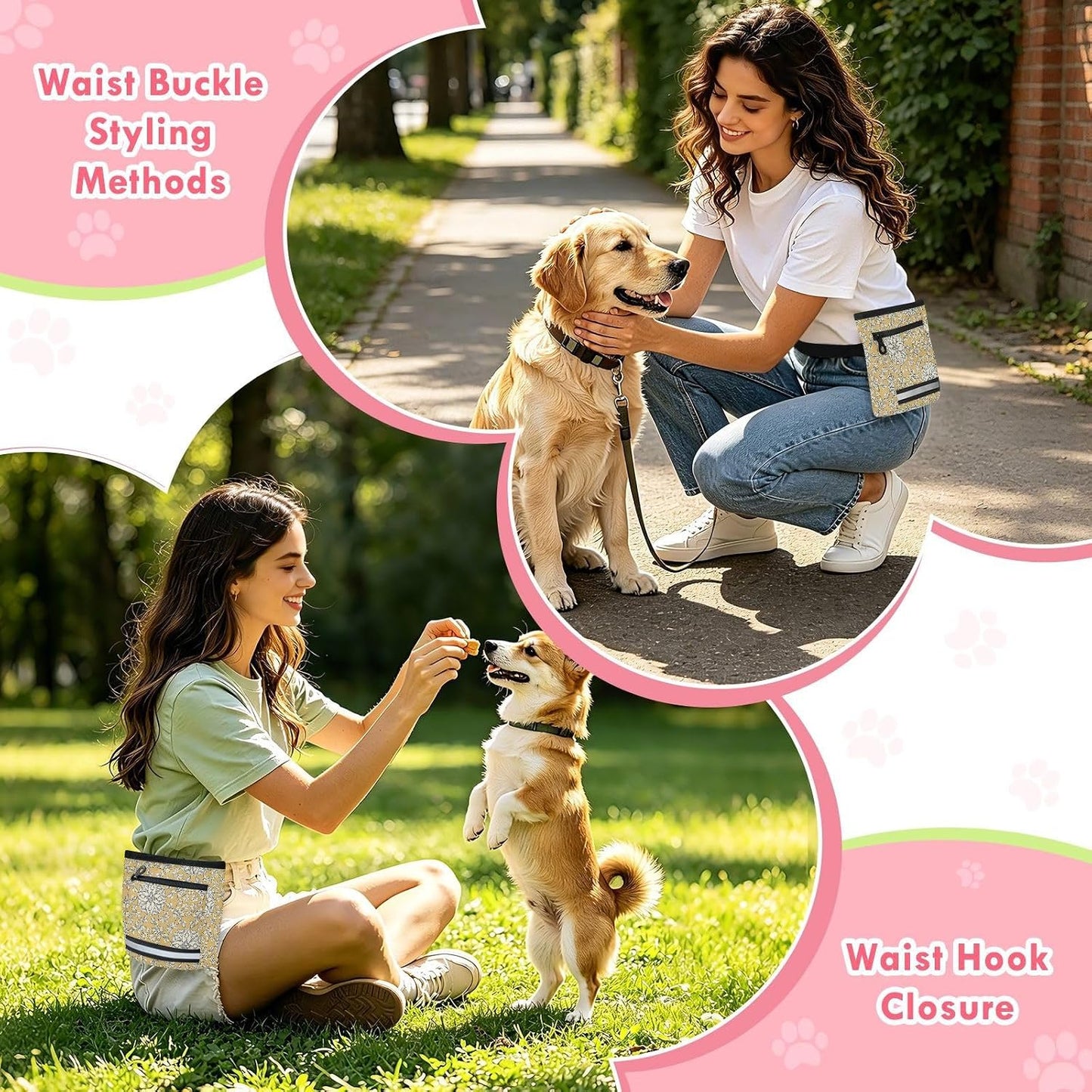 Flowers Leaves Yellow Dog Treat Pouch for Pet Training Dog Bag Holder | with Magnetic Closure, Water-Resistant, 1.7L Capacity, Hands-Free, Adjustable Shoulder Straps, for Night Walks