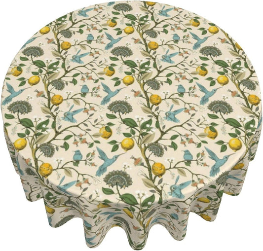 Chinoiserie Round Tablecloths 70 Inches Blue Yellow Floral Birds Decorative Round Tablecloth Home Decoration Washable Reusable Circle Yellow Lemon Table Cover for Home Kitchen Dining Room Party