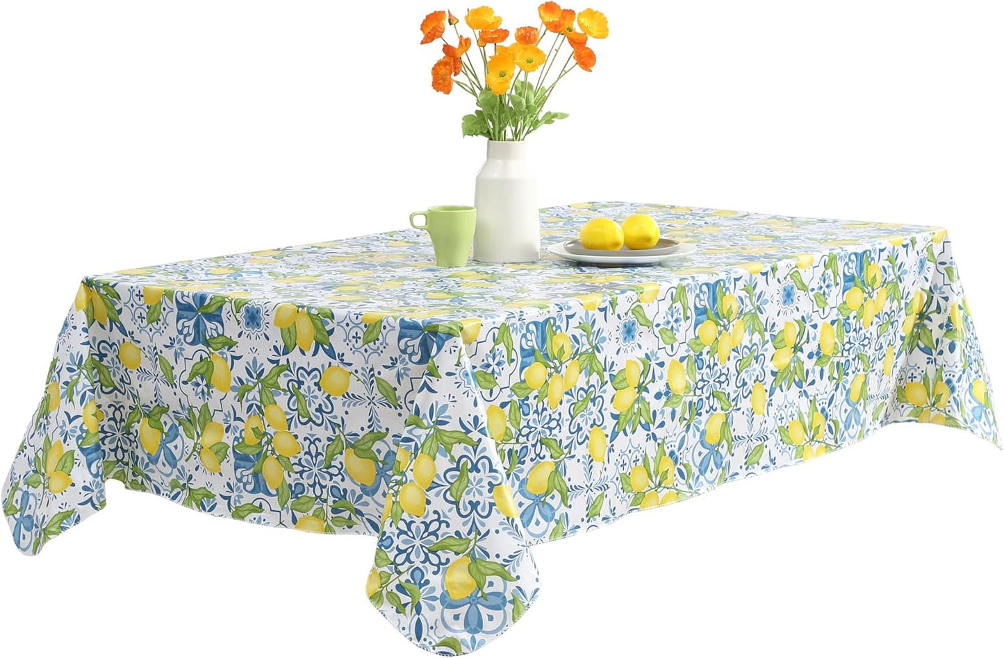 Newbridge Capri Lemon 52x70 Inch Rectangle Vinyl Tablecloth Flannel Backed | Blue Mediterranean Tile and Yellow Lemon Print, Easy Care Wipe Clean, Indoor Outdoor Table Cover