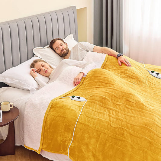 Heated Blanket Electric Queen Size 84"X90" Dual Control, Heating Blankets with 10 Levels 8 Hours Auto-Off, Soft Flannel Fluffy House Warming Gifts for Grandma Seniors Mom,Ginger Yellow