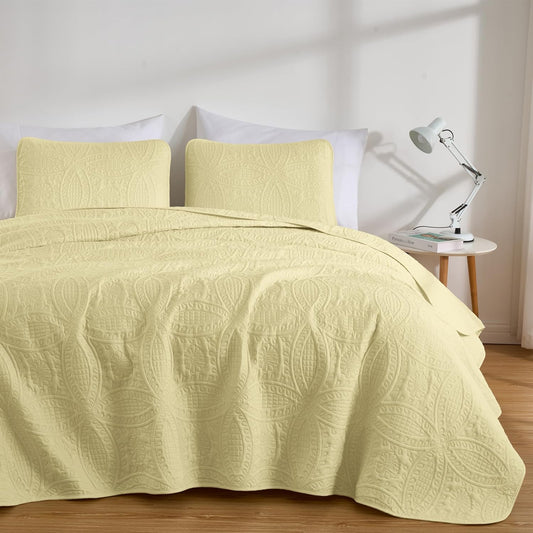 Austin Queen Oversized Bedspread Set, 3-Piece Pinsonic Quilted Lightweight Microfiber Bedspread Coverlet, Pastel Yellow | Oversized