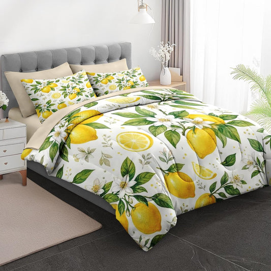 Comforter Set Twin Size Lemon Floral Botanical 7 Pcs, Bedding for Kids and Adults, Bed Sheet Sets with Fitted Sheet 2 Pillowcases & 2 Shams for Bedroom Bed Decor