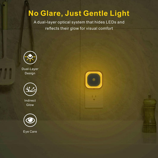 2 Pack Plug in Night Light with Motion Sensor & Dusk to Dawn Sensor, 3 Sensor Modes, Auto ON/Off, Dimmable, Soft Glow for Living Room, Hallway, Stairs, Bathroom, Golden Yellow